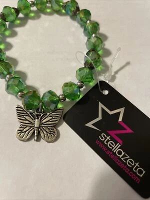 silvertone Butterfly Charm green Beaded Bracelet no nickel - Image 1 of 4