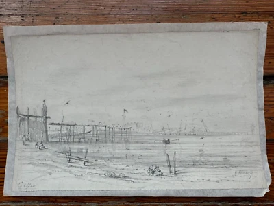 Антикварный французский рисунок середины 19 века Осмонд Ромье - Кальяо Перу 1850 8x12,5 - Изображение 1 из 4