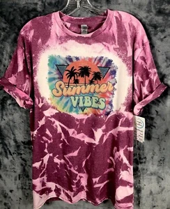 Tie-Dyed Womans T Shirt "Summer Vibes" Shirt Purple & Pink Short Sleeve - Picture 1 of 11