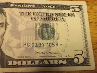 2017a Crisp $5 Five Dollar Bill Star Note Serial Number PG 01377058 * - Image 1 of 3