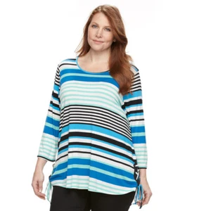 NWT Croft & Barrow Women's Plus Size 1X Striped Lace-Up Sides 3/4 Sleeve Top - Picture 1 of 3