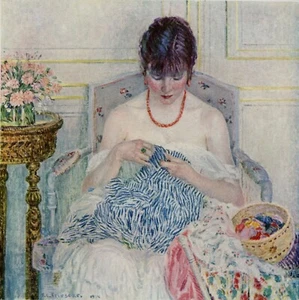 Frederick FRIESEKE Antiguo Impresión a Color "La Niña Cosyendo" Enmarcado Firmado Certificado de Autenticidad - Imagen 1 de 2