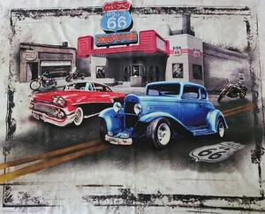 New Digitally Printed Fabric Panel Vintage Cars Motorcycles on Old Route 66 - Picture 1 of 5