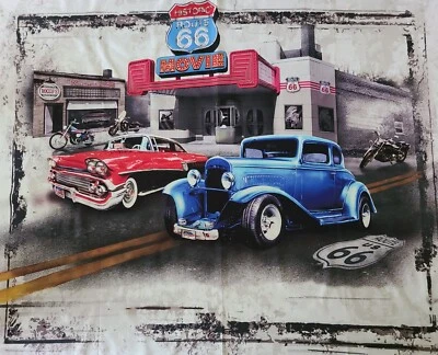 New Digitally Printed Fabric Panel Vintage Cars Motorcycles on Old Route 66 - Image 1 of 4