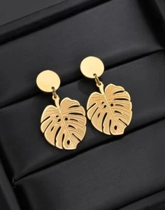 PENDIENTES DE HOJA COLGANTE DE ORO 316L Acero Inoxidable Planta Hueca Tropical Reino Unido - Imagen 1 de 9