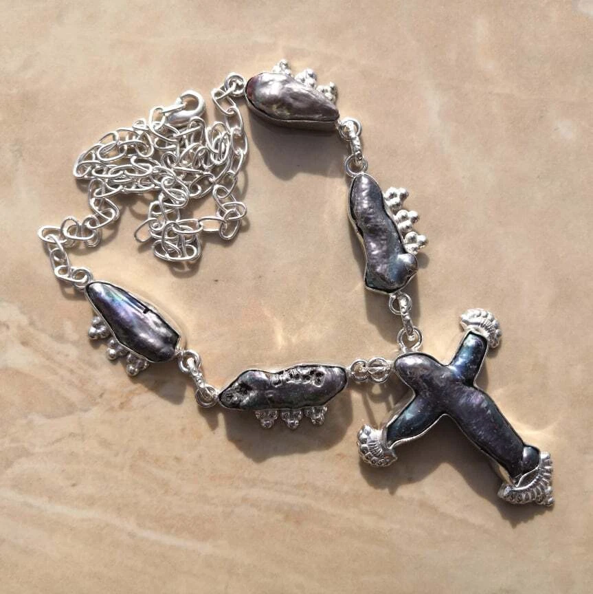 Handmade Raro Naturale Croce Biwa Perle 925 Argento Sterling Collana 22 " - Immagine 1 di 1