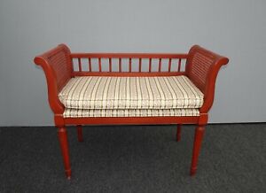 Vintage French Country Red Cane Bench Settee w Gold Stripped Fabric