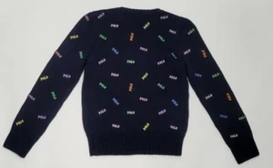 $80 Polo RALPH LAUREN Girls 5 5T SWEATER Navy All Over MULTI COLOR LOGO Pullover - Picture 1 of 12