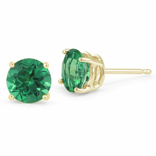14K SOLID YG GREEN EMERALD ROUND SHAPE STUD PUSH BACK EARRINGS lab created - Image 1 of 1
