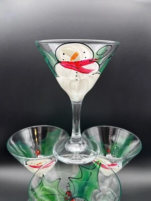 Juego de 4 vasos Martini muñeco de nieve navideño pintado a mano con hojas de acebo Foto 1 de 4