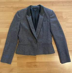 Hugo Boss Wool Angora Size 2 Jacket Leather Lapel Black Gray Houndstooth -Size 2 - Picture 1 of 14