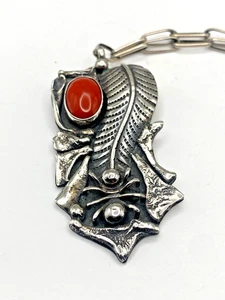 Vintage Sterlingsilber Koralle Anhänger Spinne Handarbeit Kette 21" Indianer - Bild 1 von 15