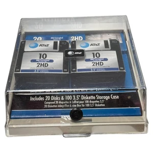 AT&T Floppy 3.5 Inch Disk Storage Case Plastic and 20 Diskettes Brand New Sealed - Imagen 1 de 11