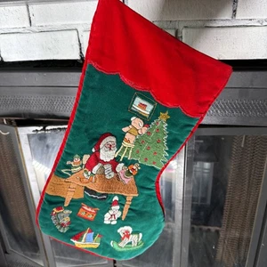 Vintage Handmade Needlepoint Embroidered Christmas Stocking Classic Santa Toys - Picture 1 of 8