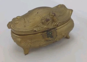 Vintage Art Nouveau Casket Jewelry Box Gold Metal Lid - Picture 1 of 7