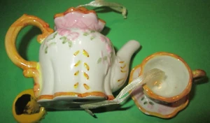 Teapot With Teacup & Saucer Christmas Ornament Flowers Holidays Vintage Read ⬇️ - Picture 1 of 6