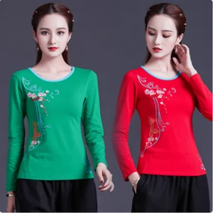 New Women's Chinese Style T-shirt Embroidery Cotton Long Sleeve Floral Tops - Picture 1 of 18