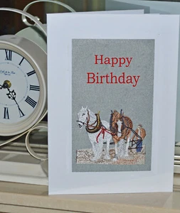 A new machine embroidered hand finished Birthday Card - Heavy Horses Ploughing. - Picture 1 of 1