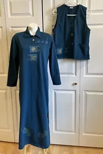 VTG Focus USA Maxi Dress Vest Wearable Art Modest Watering Can Dark Blue Sz S - Picture 1 of 11