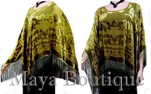 OLIVE GREEN SILK BURNOUT VELVET PONCHO SHAWL TOP MAYA MATAZARO - Picture 1 of 1