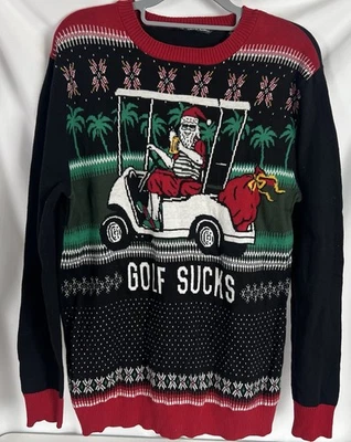 Travis Mathew Sweater Mens Medium Black Golf Cart Santa Claus Christmas Ugly - Image 1 of 3