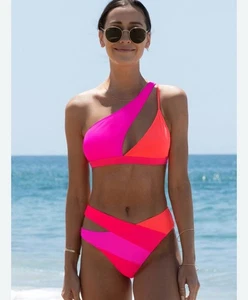 Popvil Farbkontrast Cut Out Farbblock bescheiden doch sexy rosa Bikini Set M Neu mit Etikett - Bild 1 von 4