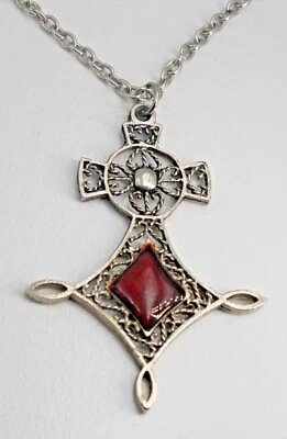 Silvertone Metal Celtic Large Cross Pendant Chain Necklace Red Glass 22"  - Image 1 of 4