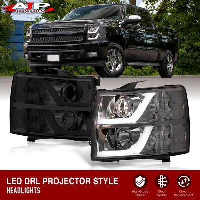 Smoked LED DRL Tube Projector Headlights Lamp For 2007-2013 Chevy Silverado 1500 - Image 1 of 4