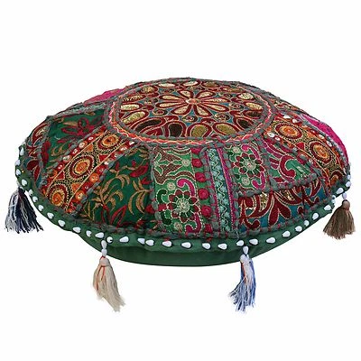 Boho Vintage Round Floor Pillow Cover Patchwork Adults Embroidered Cotton 18x18 - Image 1 of 3
