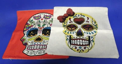 Sugar Skull Cushion Pillow Cover Hidden Zipper Day Of The Dead 17" X 17" - Image 1 of 4