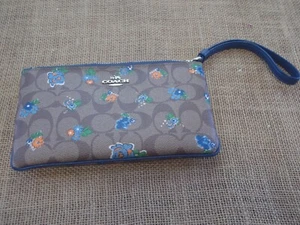 COACH Clutch Wristlet Signature Brown With Blue And Orange Flowers - Picture 1 of 8