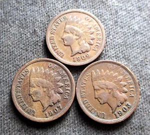 OLD COINS UNITED STATES OF AMERICA 1 CENT INDIAN HEAD PENNY 1903, 1907 & 1909 - Picture 1 of 2