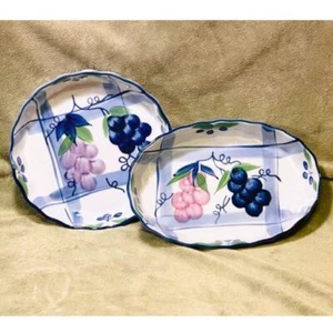 Bessette Stoneware Oval/Round Bakeware w/Scalloped Edges,Blue Plaid Grape Design - Picture 1 of 9