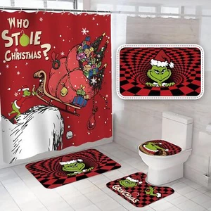 4Pcs Christmas Shower Curtain Sets with Non-Slip Rugs, Toilet Lid Cover and N... - Picture 1 of 6