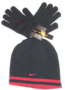 New Nike Boys Reversible Knit Beanie and Gloves 2-Piece Set Black/Red Youth - Picture 1 of 2
