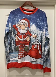 Funny Ugly Christmas Shirt Graphic Santa Sitting On Chimmney Unbranded SZ L - Picture 1 of 9