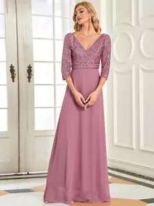 Sexy V Neck Sequin Evening Dresses with 3/4 Sleeve - Picture 1 of 26