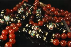 OLD CHINESE DARK RED CARNELIAN ONYX CLOISONNE SILVER NECKLACE BRACELET SET BR - Picture 1 of 6