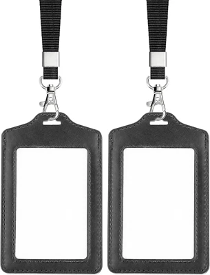 Teskyer 2 件装双面透明徽章夹带挂绳,PU 皮革 ID Ba — 第 1/4 张图片