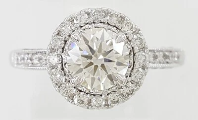 Natural Round Diamond Halo Engagement Ring 1.5 ct 18k White Gold GIA Retail $8K - Image 1 of 4