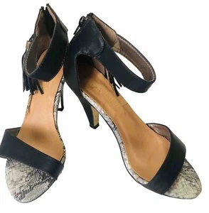 Women’s Size 37 Leather Sandals 9cm Heel Black & Snake Skin Back Zip Side Tassel - Picture 1 of 7