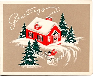 Tarjeta de Navidad vintage, muñeco de nieve y cabaña nevada roja, árboles de Navidad, USADA - Imagen 1 de 4