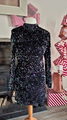 Black Sequins QED LDN Size 12 Dress Christmas Party New Year Lined Long Sleeve - Image 1 of 4