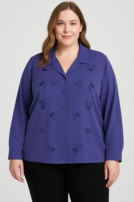 Modern Essentials Woman 26W Purple Embroidered Beaded Blouse Button Front... - Image 1 of 4