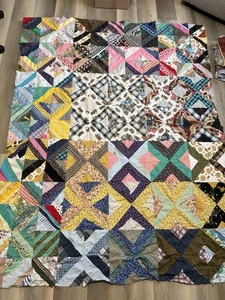 Vintage Repair Patchwork Square Triangle Fancy Stripe Quilt Topper 60x81 - Picture 1 of 13