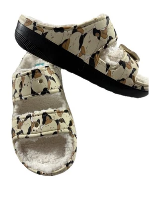Crocs Fuzzy Lined Cozy Sandals Women’s 8 Men 6 Cat Print Slides Sherpa Fur Clog - Image 1 of 4