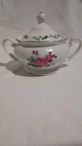 GIBSON Blumen Zuckerdose mit Griffen weiß rosa Vintage Landhaus Kern - Bild 1 von 10