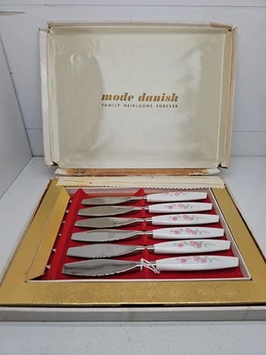 6 Vintage Mode Danish Edelstahl Rosa Rosen Messer Set Neu im Karton MCM Sheffield - Bild 1 von 4