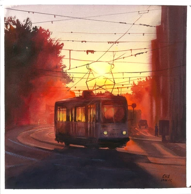 pintura original 30 x 30 cm 158ChO obra de arte acuarela paisaje urbano Foto 1 de 4