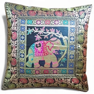 Indian Brocade Elephant Cushion Cover – Decorative Silk Throw Pillow Case, 16x16 - Picture 1 of 5